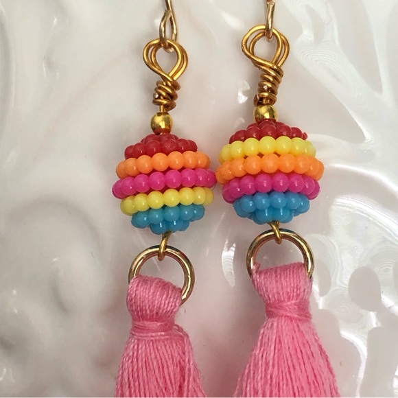 New Rainbow Bead Pink Tassel Fringe Fun Dangle Drop Handmade Boho Chic Earrings - Picture 3 of 6
